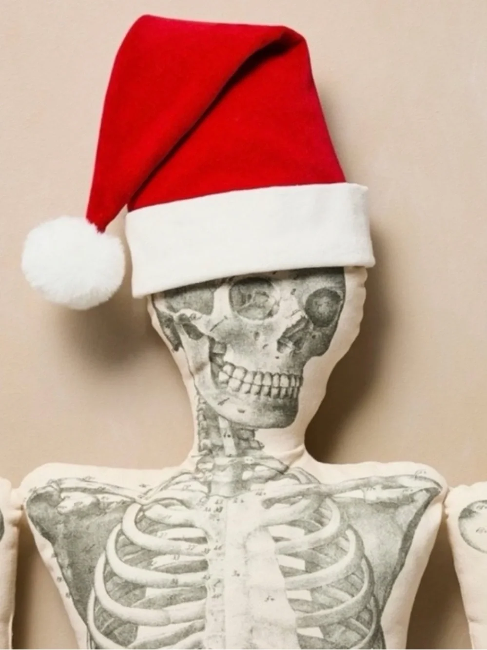 Brand New John Derian Plush Skeleton Pillow with Santa Hat - Cream & Red